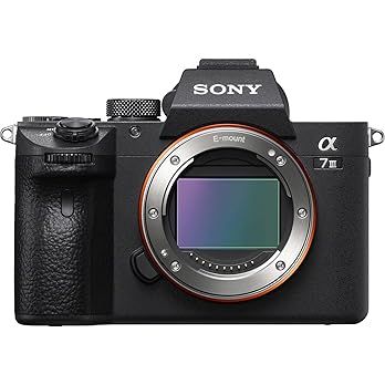 Side view of Sony Alpha mirrorless camera body showing E-mount lens interface and sleek black design.