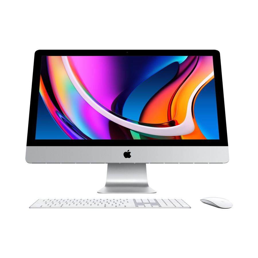 Apple iMac desktop computer with sleek silver design, wireless keyboard and mouse on white background.