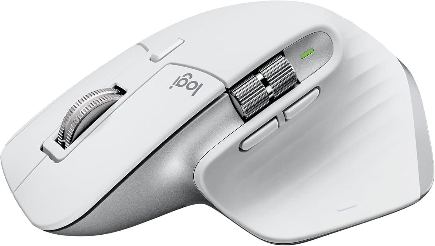Logitech MX Master 3S wireless mouse in light gray with ergonomic design and customizable buttons.