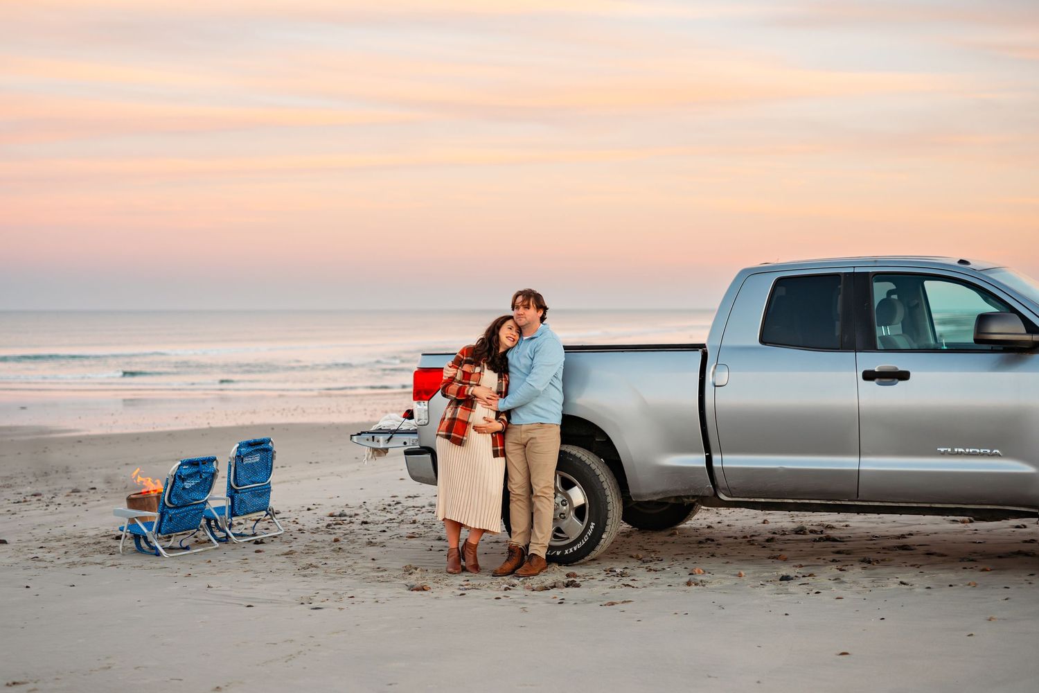 A series of beach photos at sunset showing a parked truck and beach chairs along the shoreline.