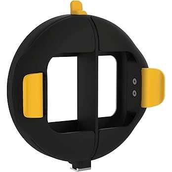 Black camera lens mount adapter ring shown from multiple angles with yellow accents and adjustment knobs.