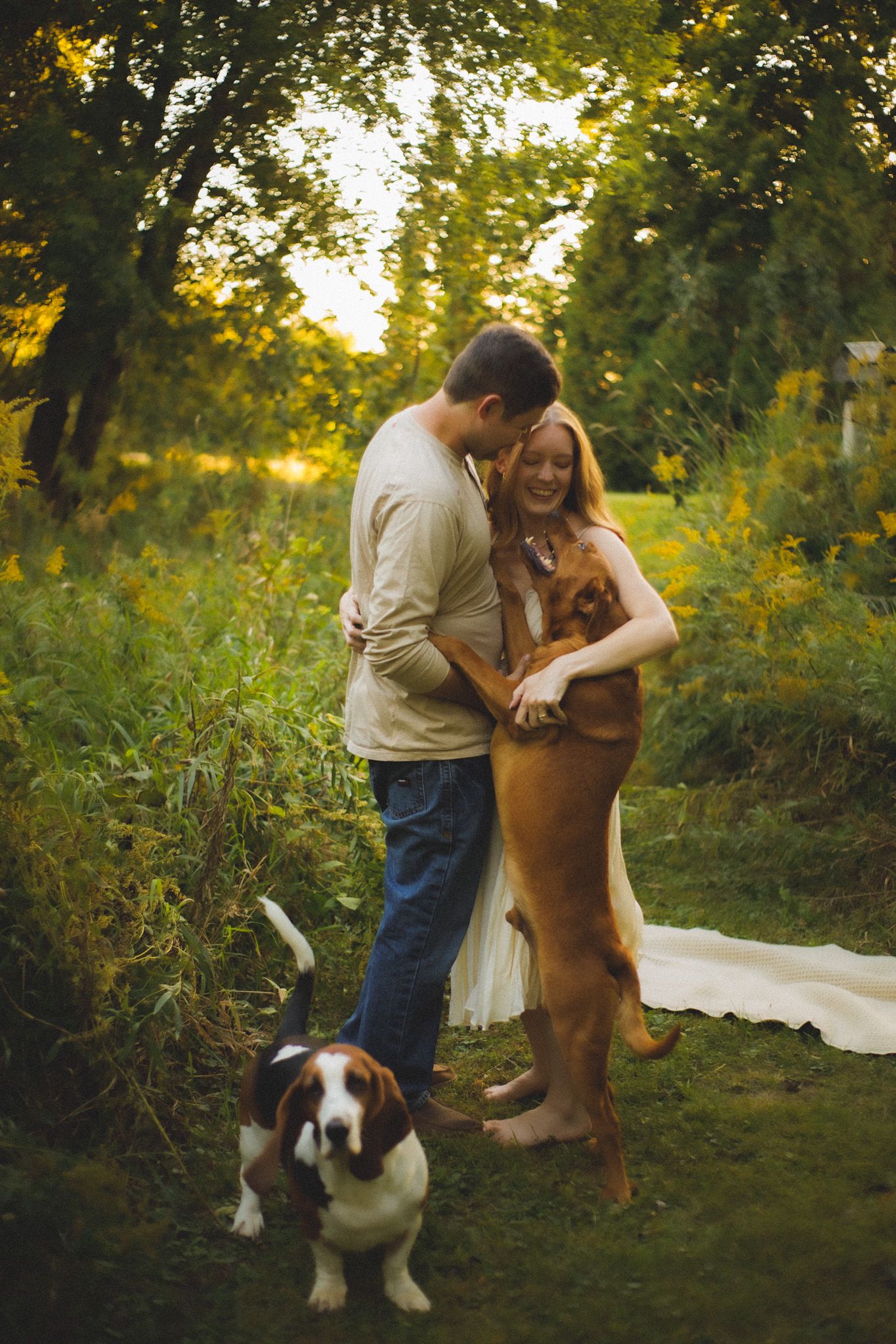 A couple embraces at sunset in a garden while their beagle and brown dog join them outdoors.