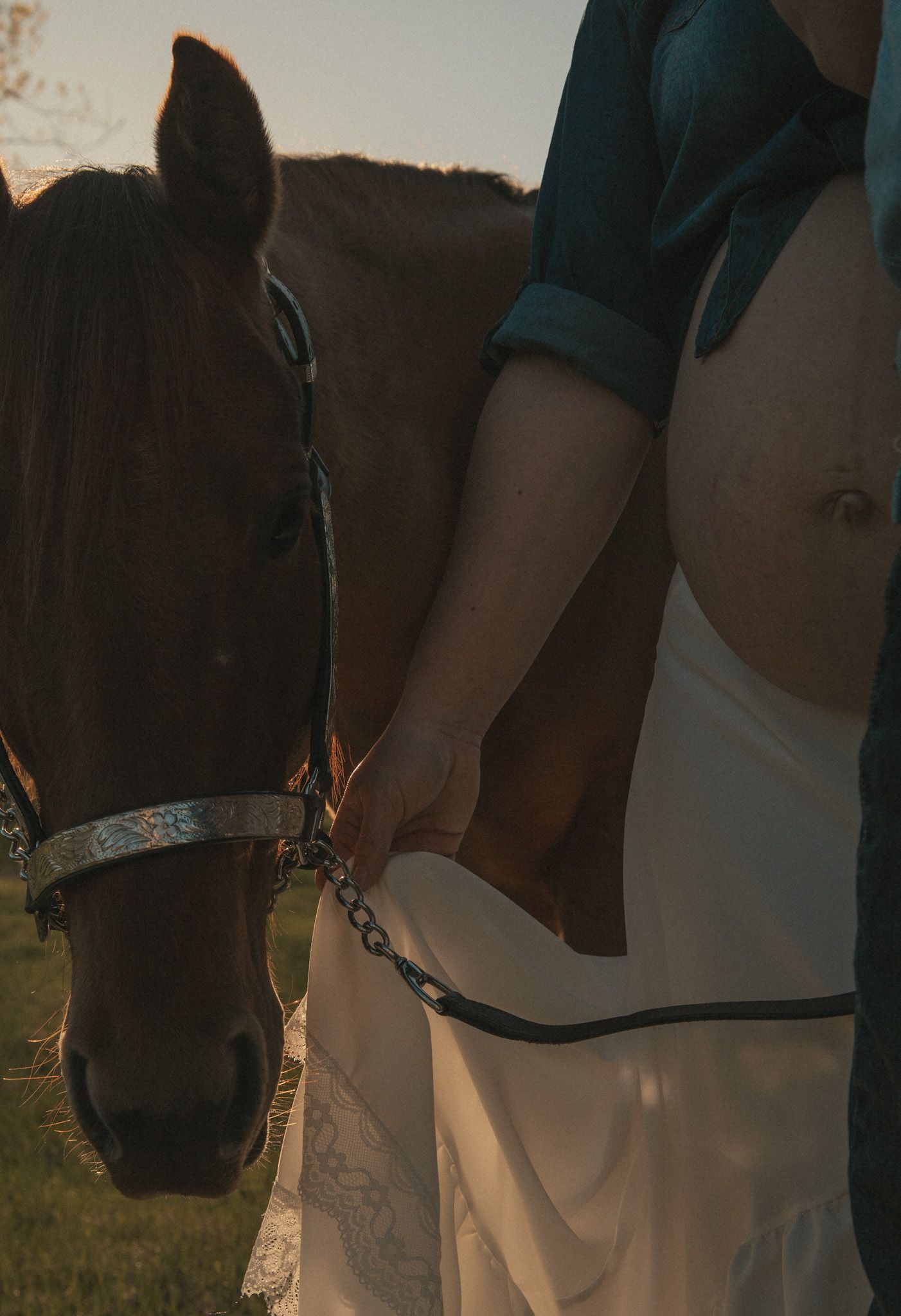 Pregnant woman in white skirt holding reins of brown horse at golden hour sunset outdoors.