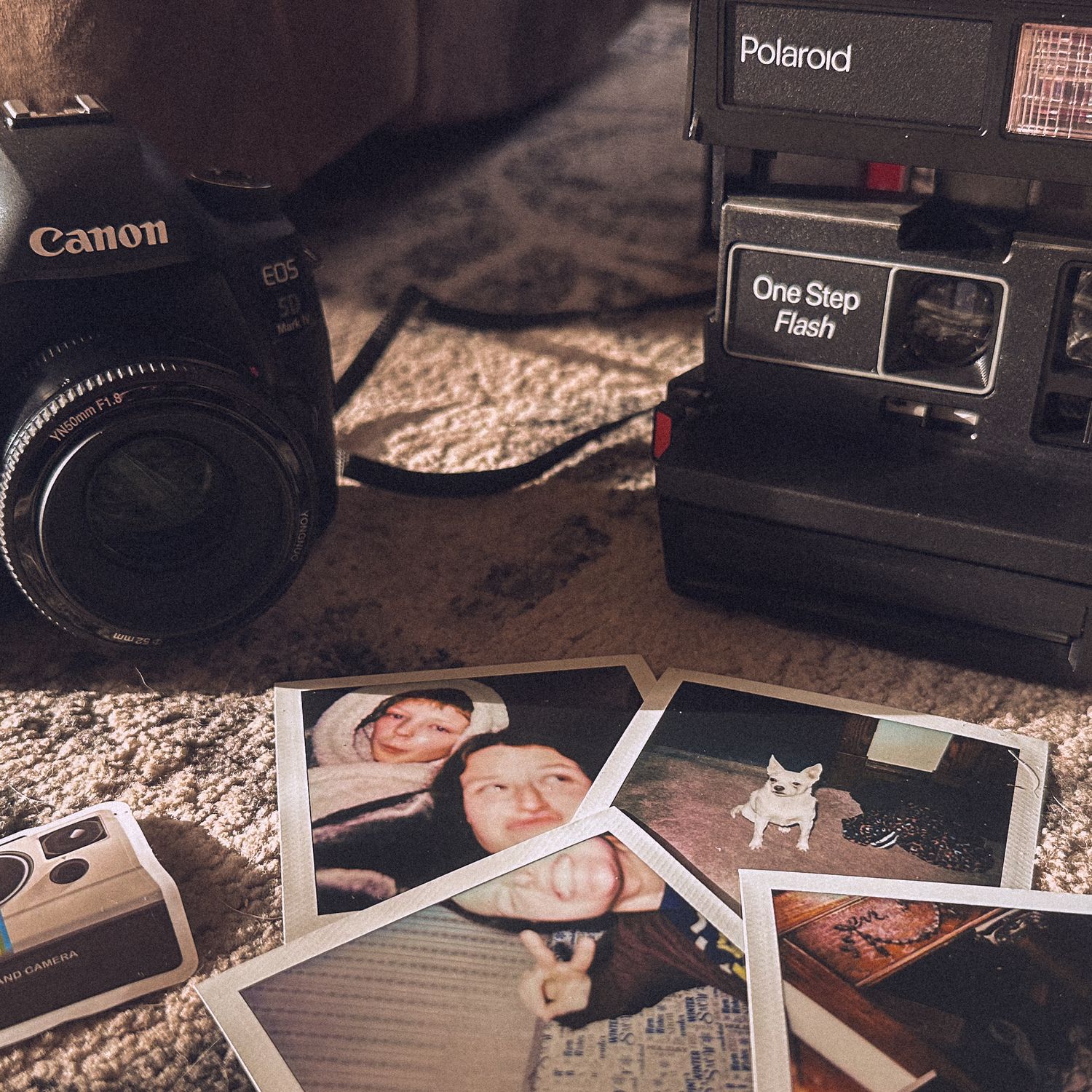 Vintage photography equipment including Polaroid and Canon cameras with scattered photos on a textured wooden surface.