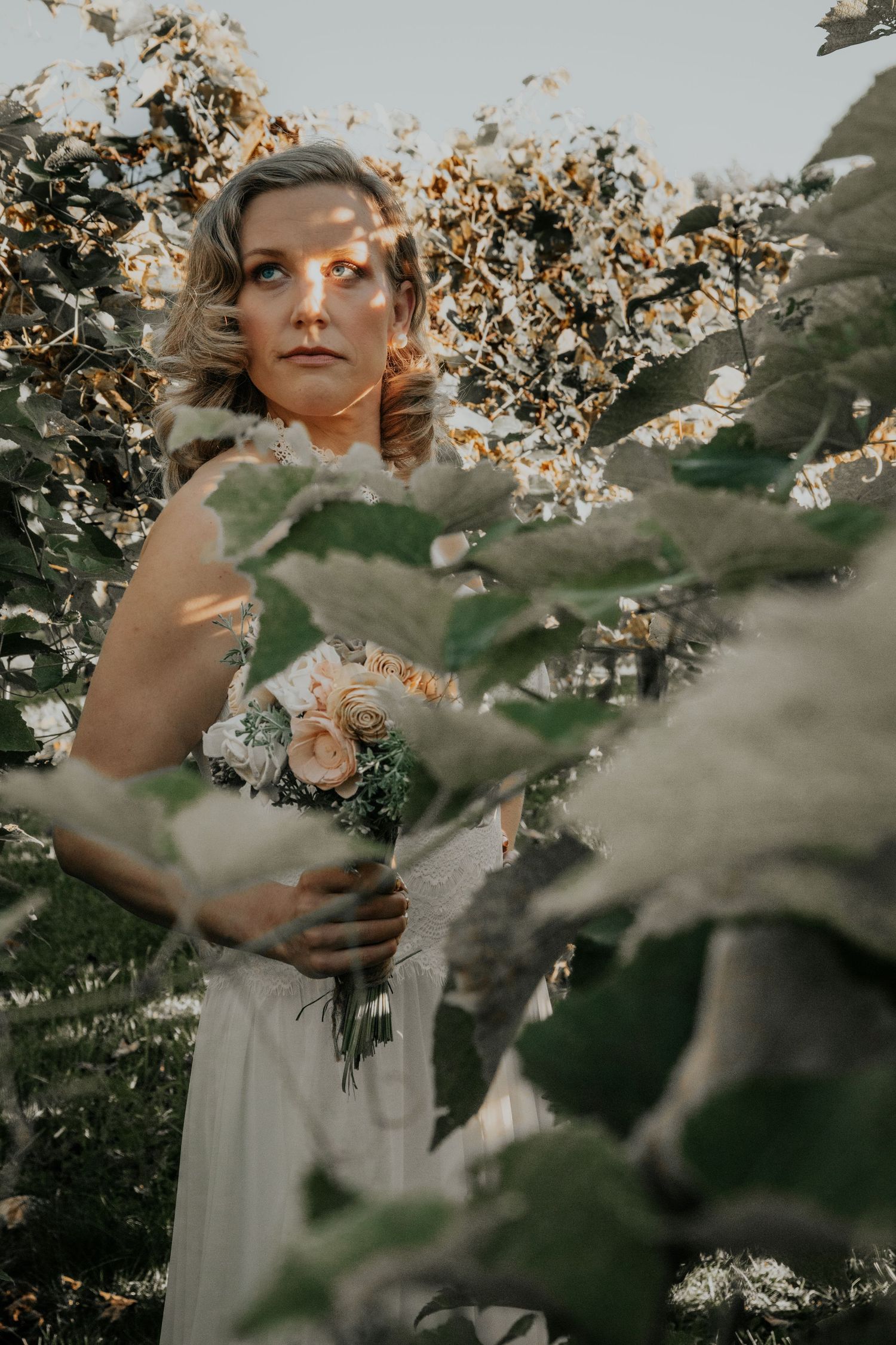 A dreamy portrait series through foliage at golden hour showing a person in a white dress among leaves and sunlight.