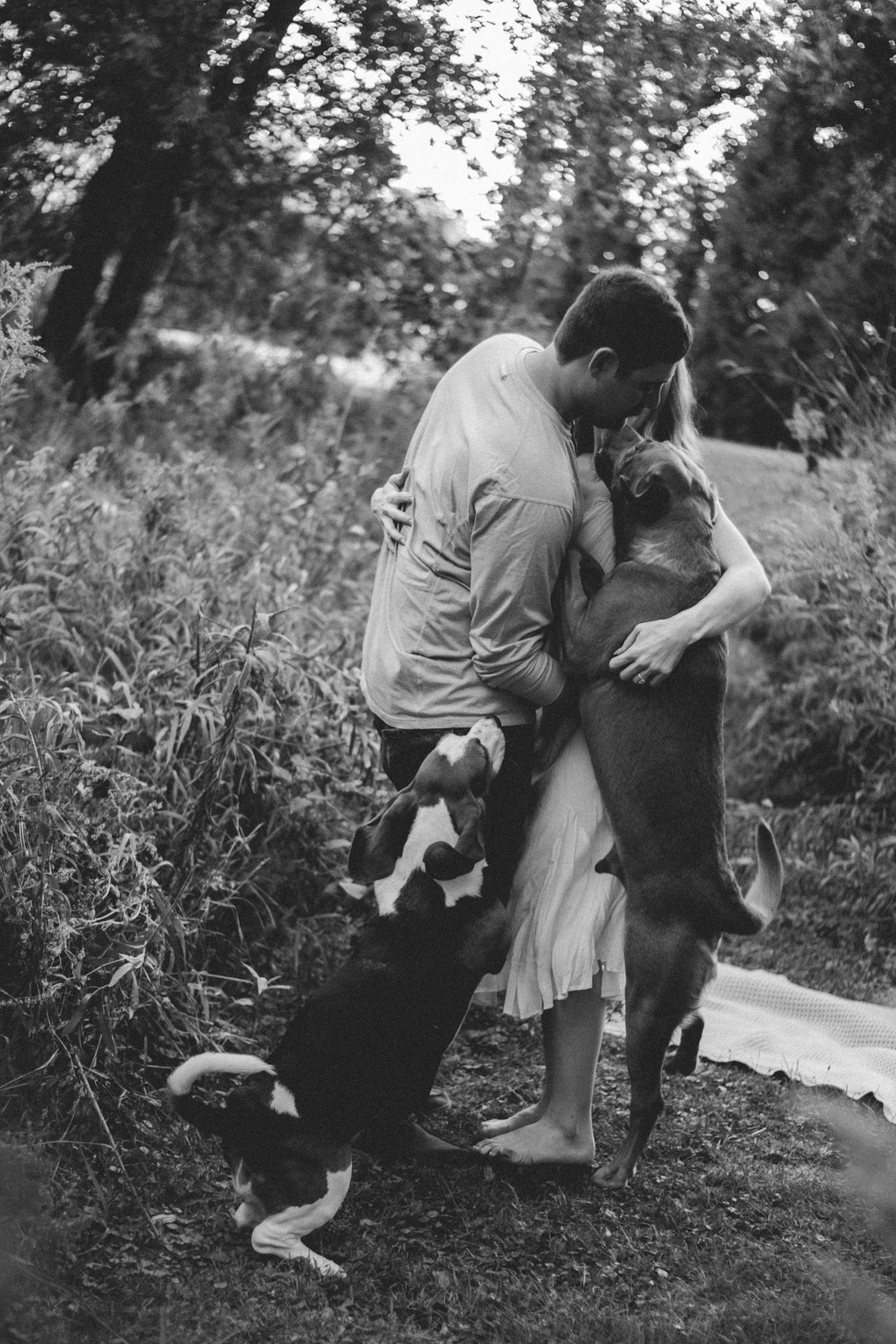 Black and white photo of a couple hugging outdoors while two dogs jump up on them in a natural setting.