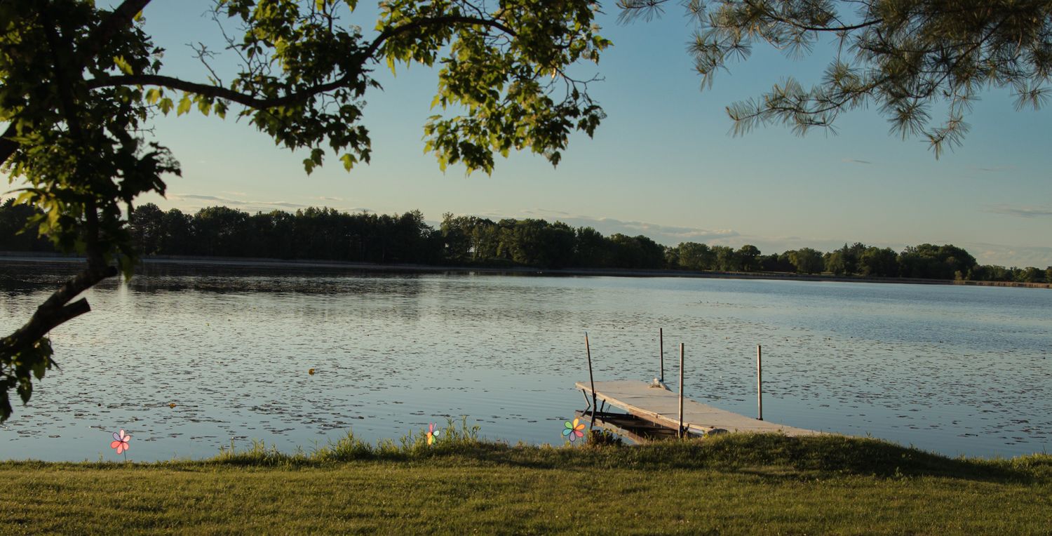 A tranquil panoramic view of a lakefront with docks extending into calm waters surrounded by trees and grass.