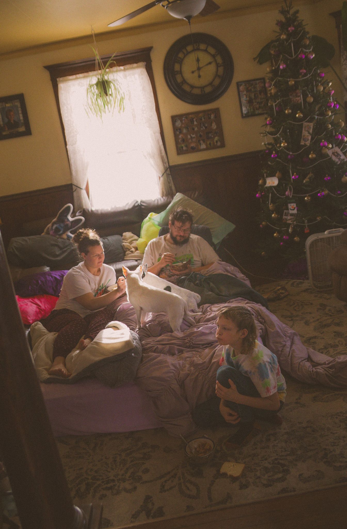 Three people relaxing in a cozy room with a decorated Christmas tree, using devices on a bed and floor.