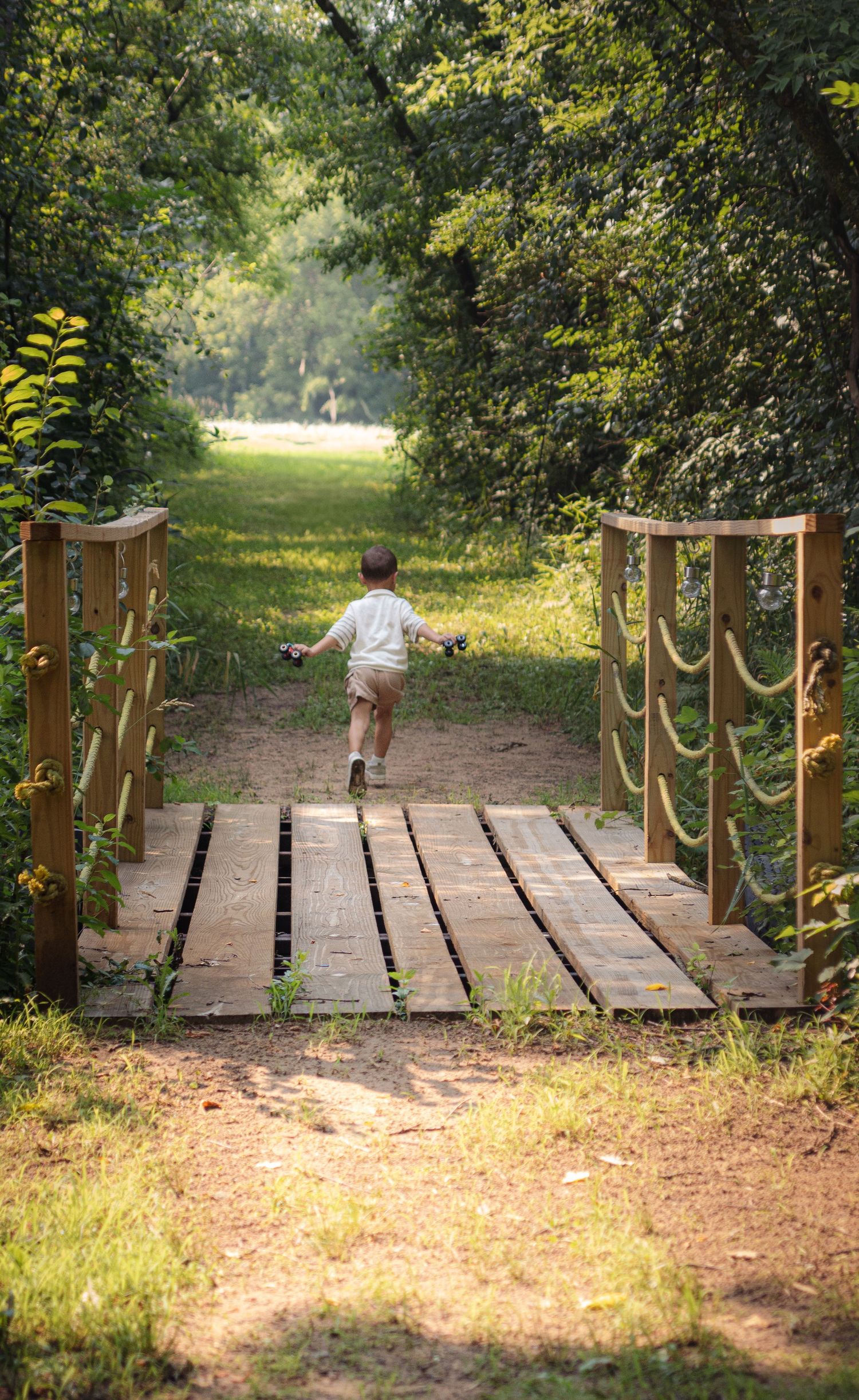 Small wooden footbridge in a grassy wooded area leads to a nature trail on a sunny summer day.