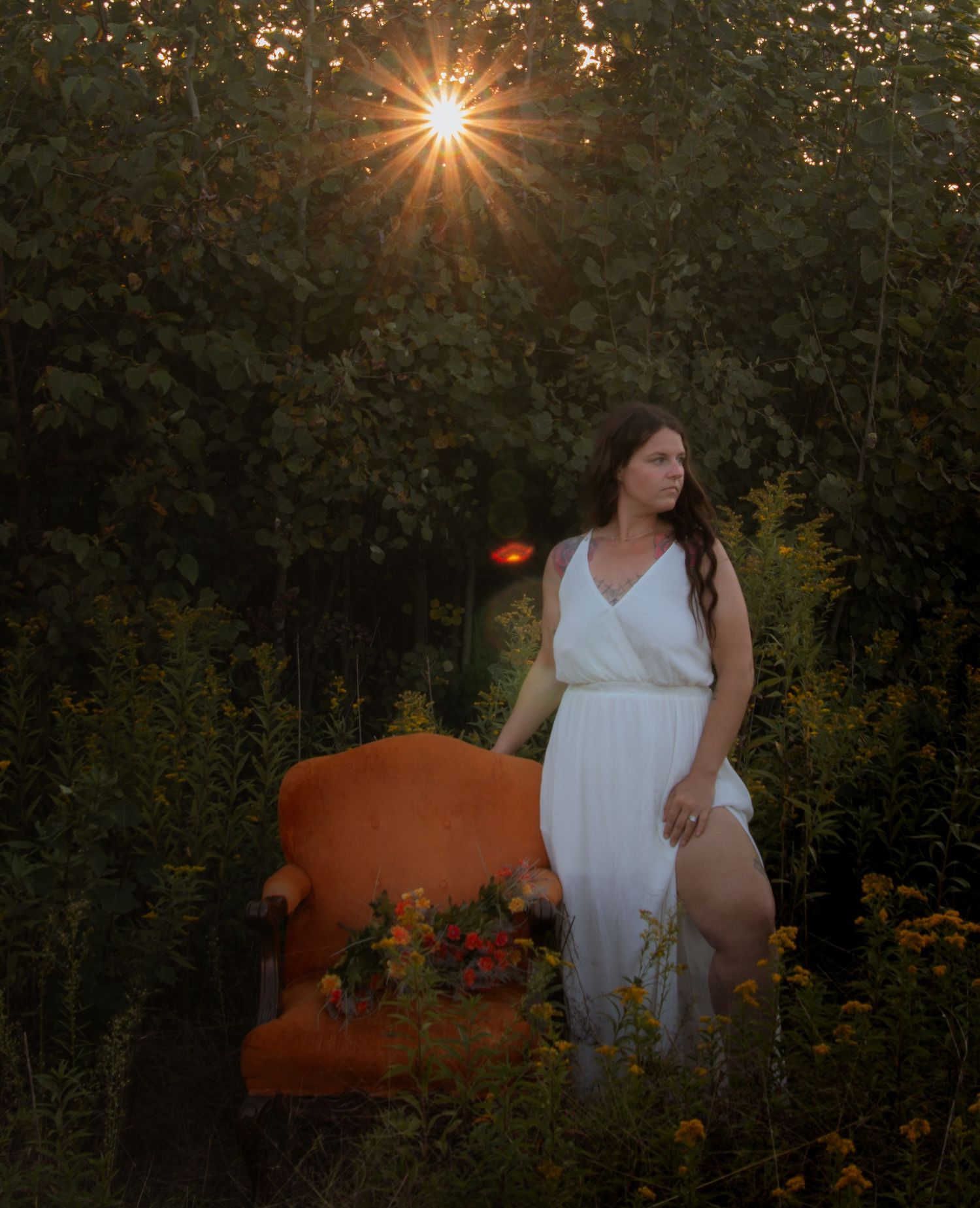 A series of dreamy sunset photos in a garden setting showing figure in flowing white dress with sunbursts and ethereal lighting.