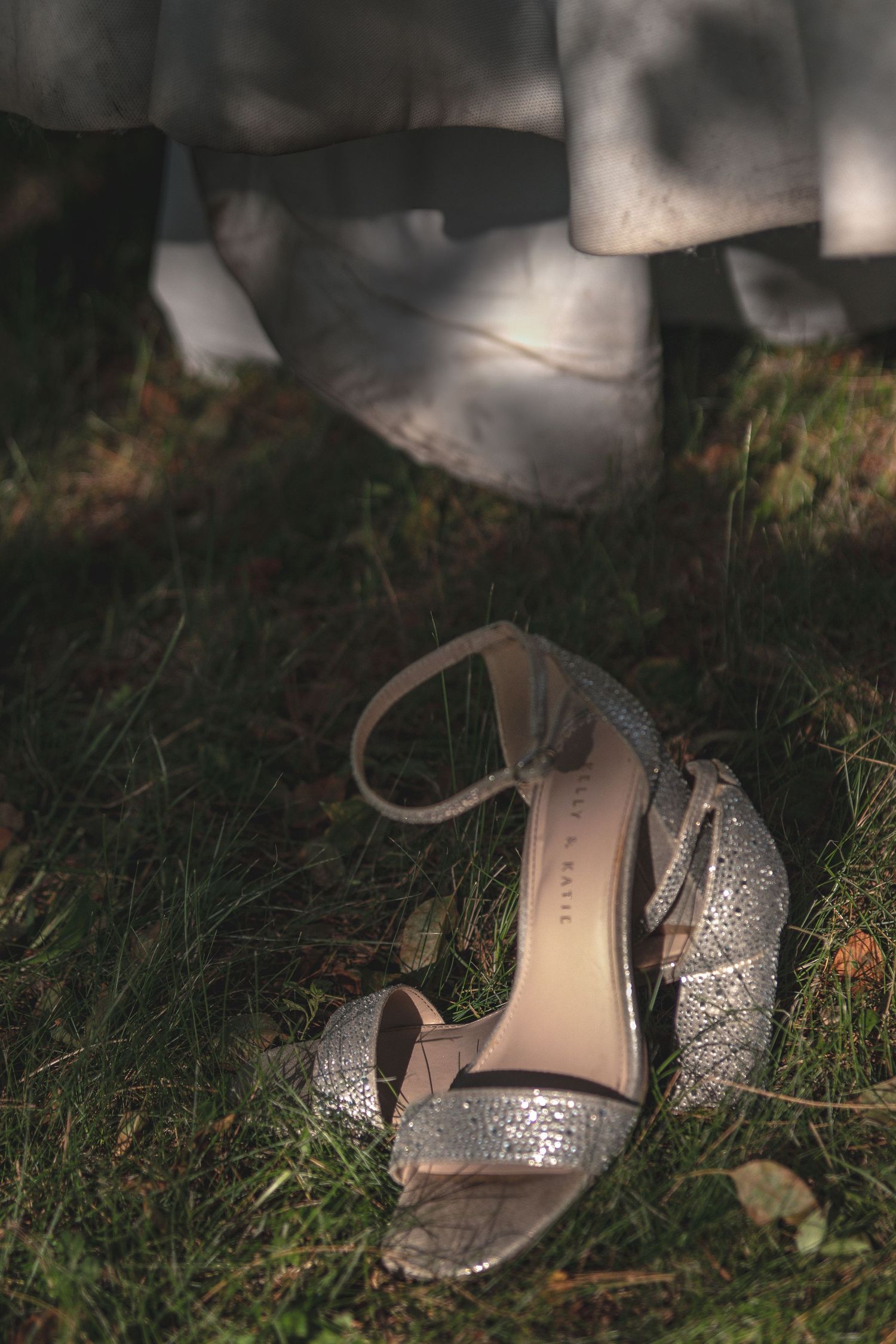 Glittering silver evening sandals with ankle straps photographed on grass in natural lighting.