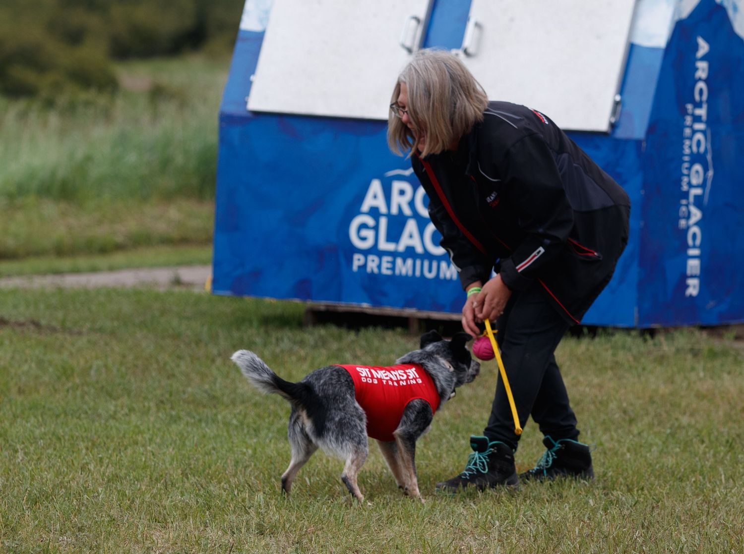 A dog and handler team sprint across a green field during an agility competition with blue obstacles in the background.