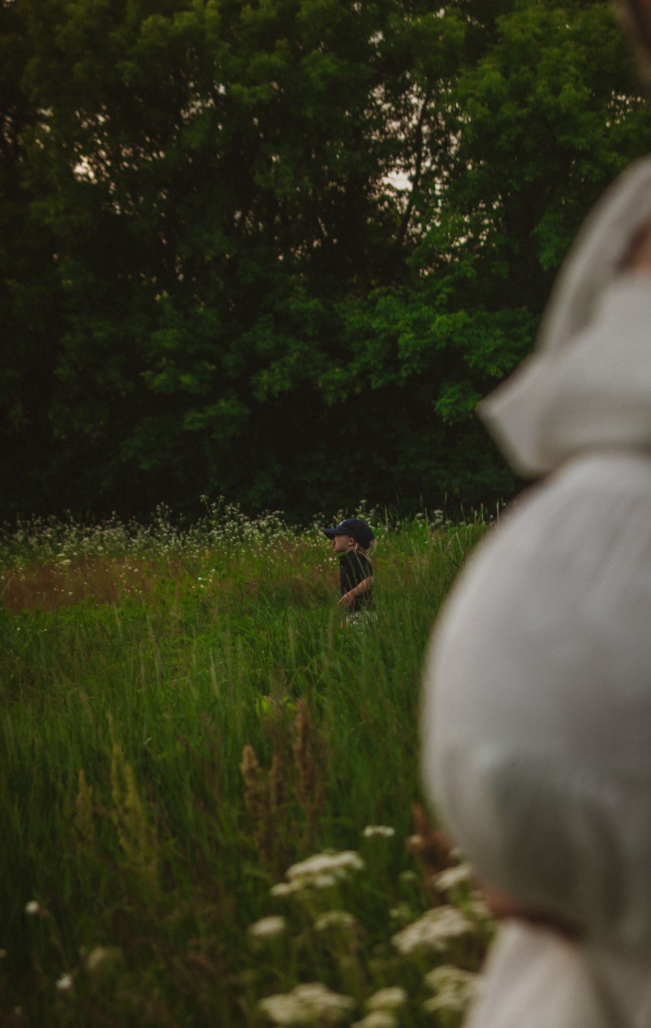 A child stands in a lush green meadow with wildflowers, framed by dark trees, as a figure in white stands in the foreground.