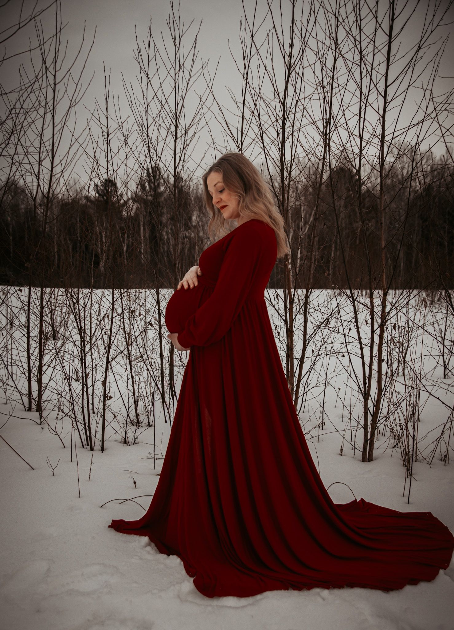 A dramatic red velvet dress flows across a snowy winter landscape with bare trees in the background.