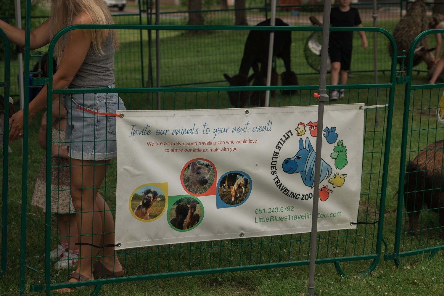 A green metal fence surrounds a playground area with informational signs posted along its perimeter.