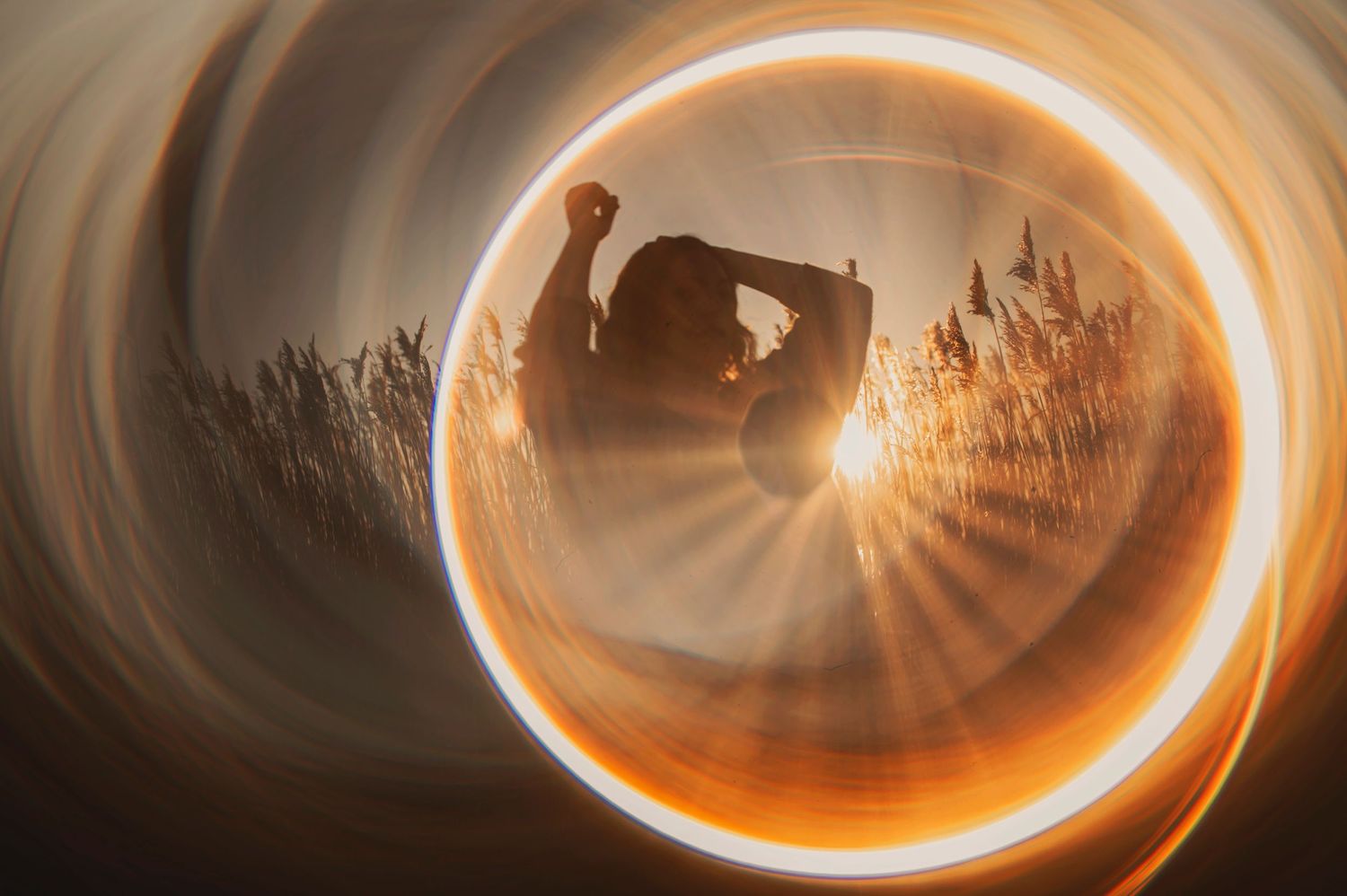 Creative photo with circular light effect creating a golden halo around silhouettes in tall grass.