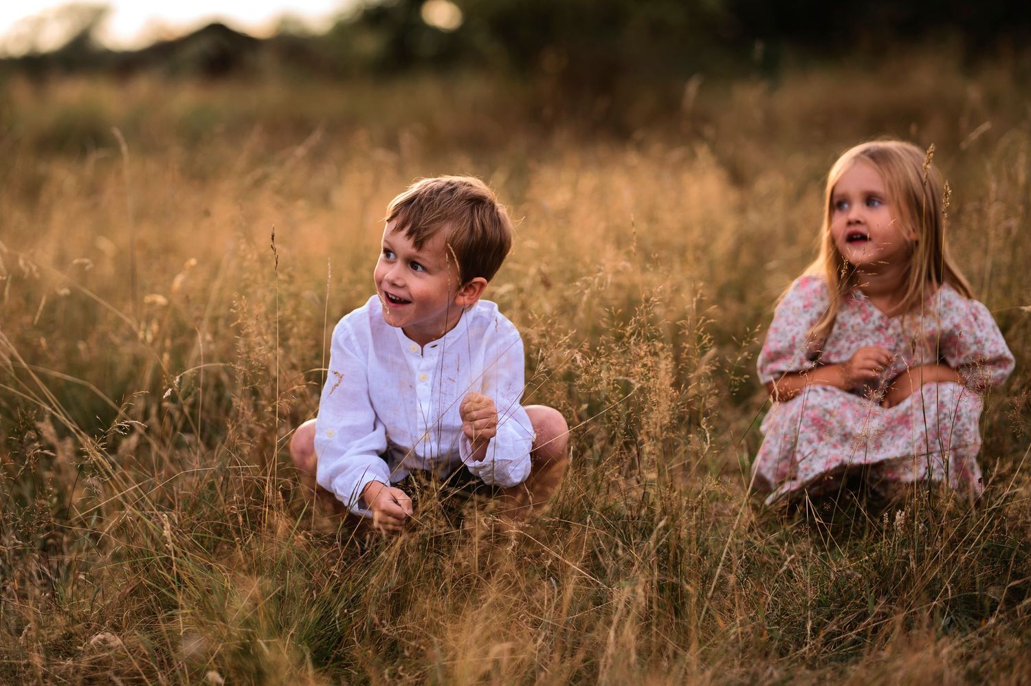 Two children playing together in tall grass during golden hour.
