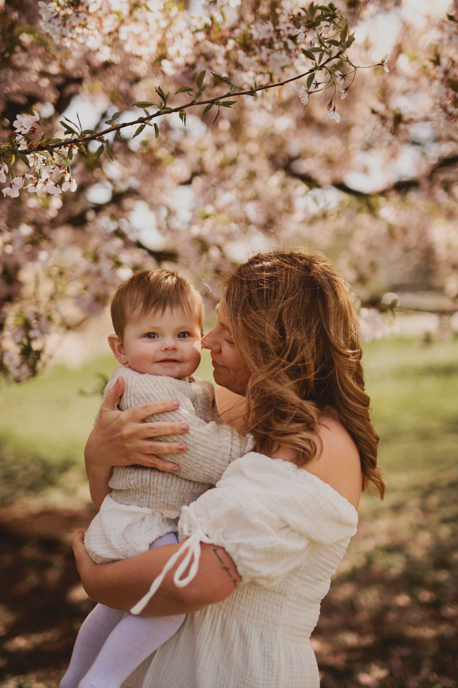 Intimate family moment photographed beneath flowering spring trees in warm afternoon light.