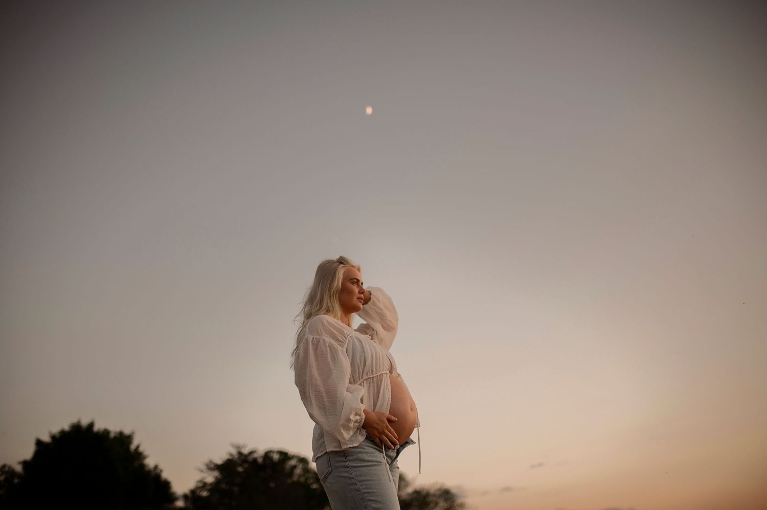 Silhouetted figures embrace tenderly against a dusky sunset sky with a faint moon visible above.