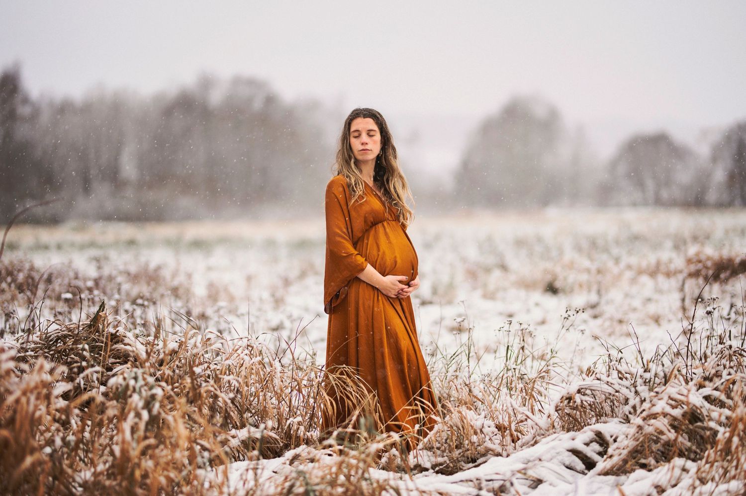 A maternity photo captures an expectant mother in a rust-colored dress standing among snow-covered reeds.