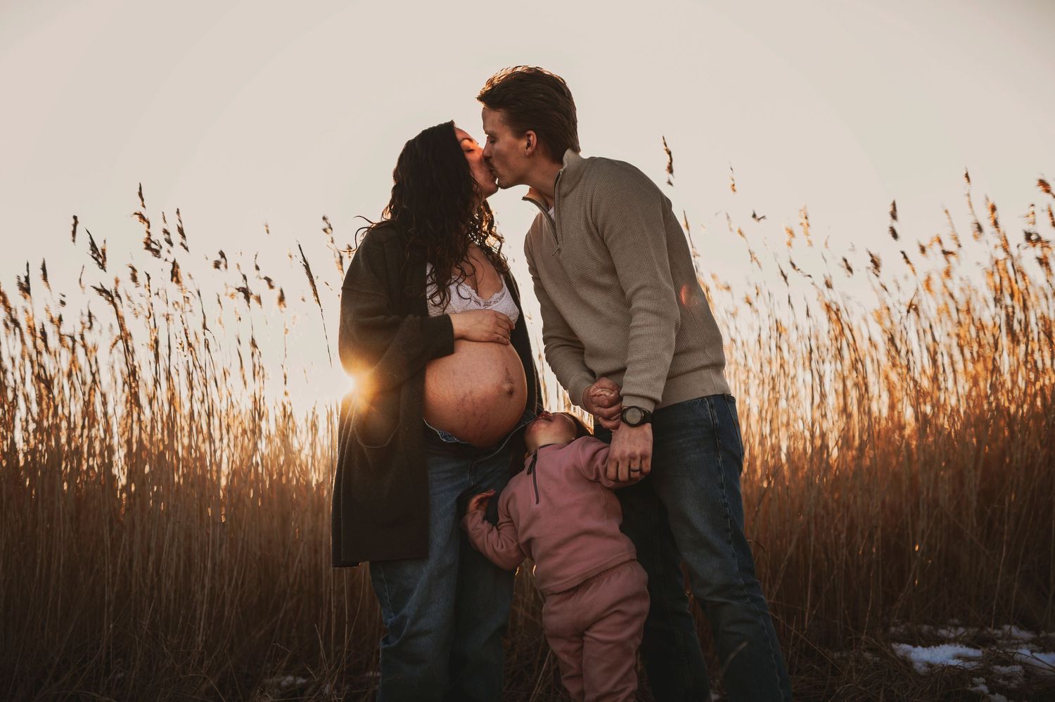 Sunset maternity photoshoot in a field of tall grass with toddler joining parents.