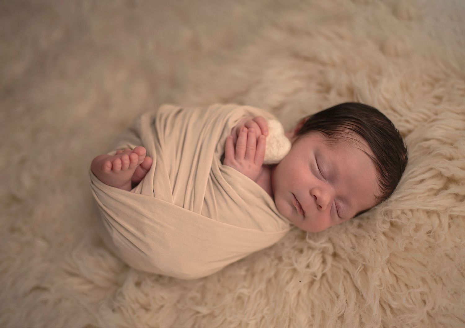 Peaceful newborn swaddled in cream wrap on fluffy beige carpet.
