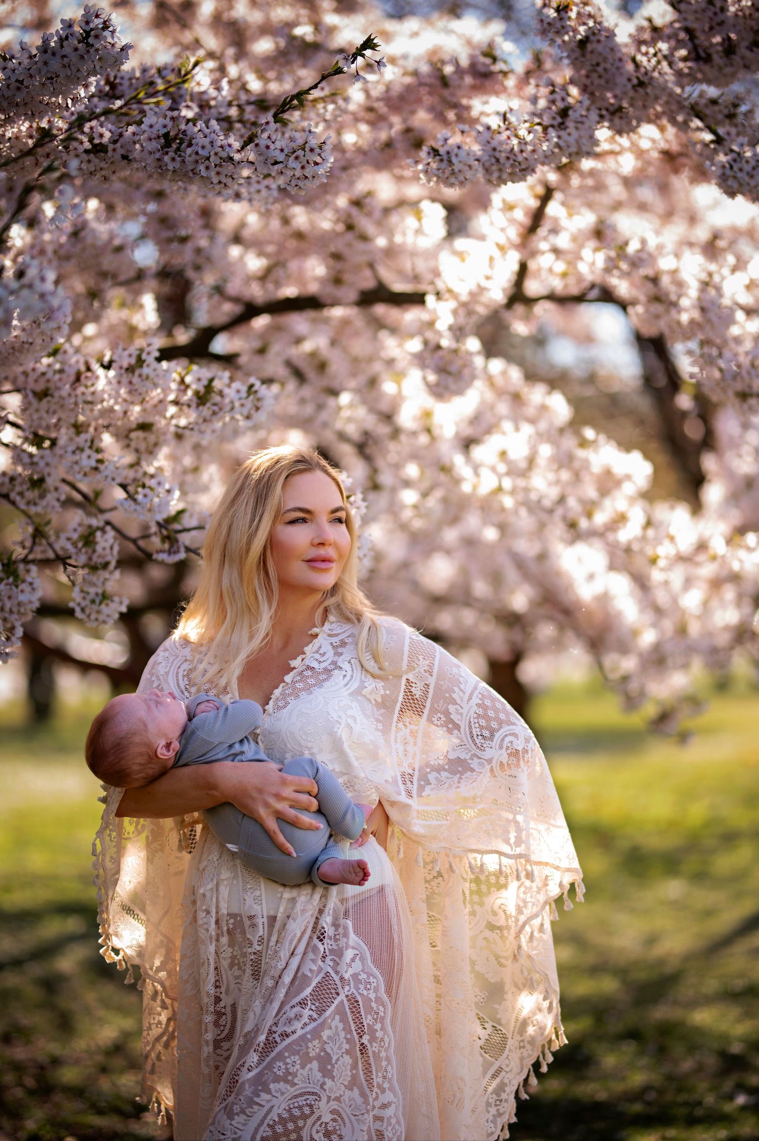 Mother and baby portrait under pink cherry blossoms in spring.