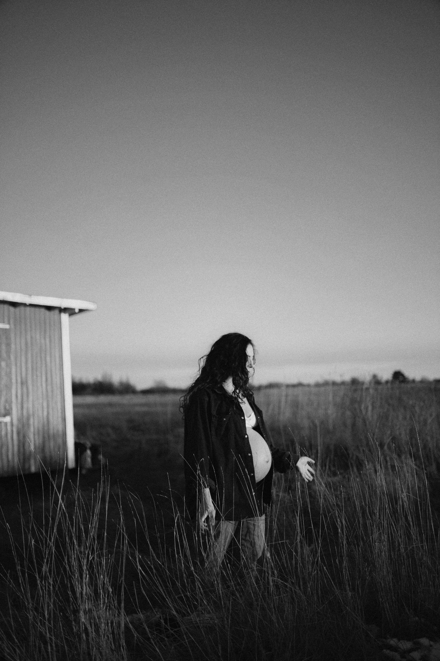Silhouette of expectant mother standing in tall grass near rustic shed at dusk.