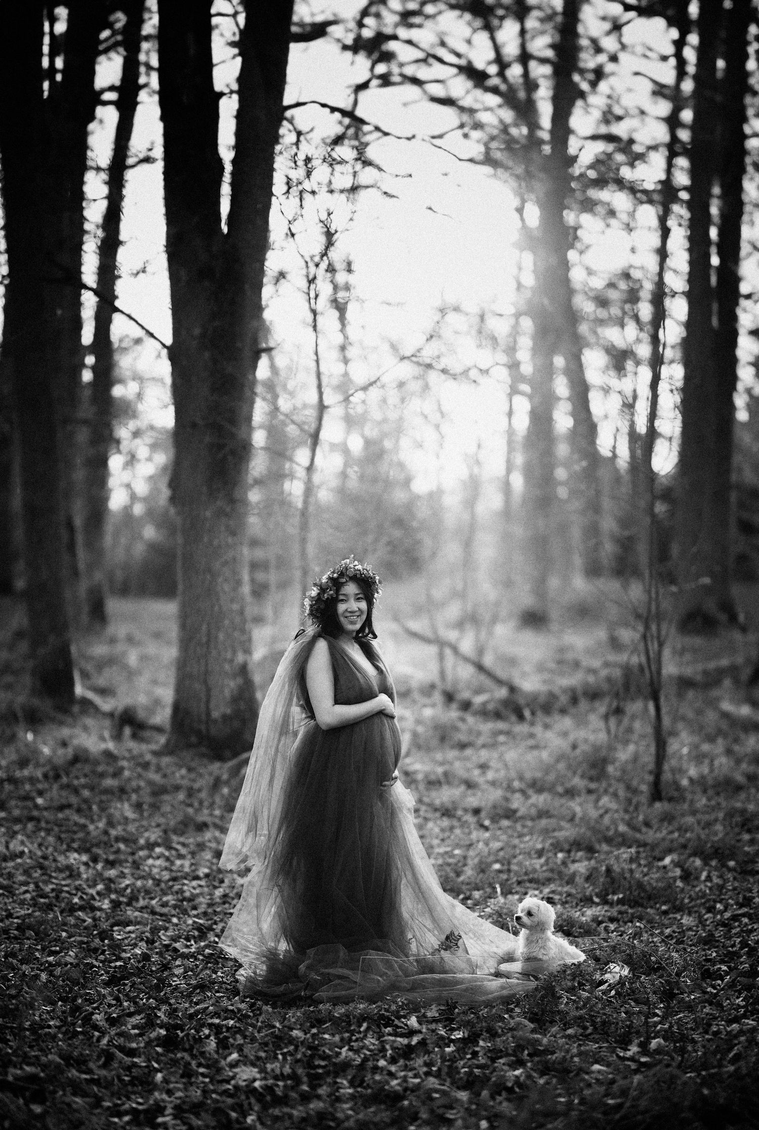 Ethereal black and white woodland scene with a flowing dress and veil against sunlit trees and fallen autumn leaves.