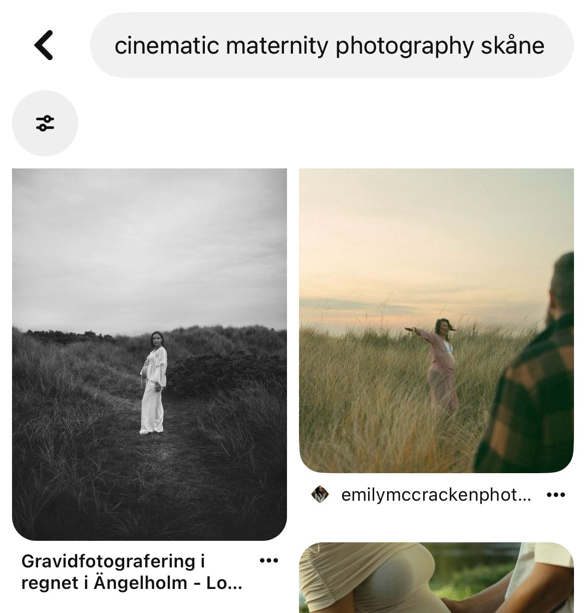 Pinterest search results for cinematic maternity photography in Skåne, Sweden, showing black and white and golden hour outdoor portraits.