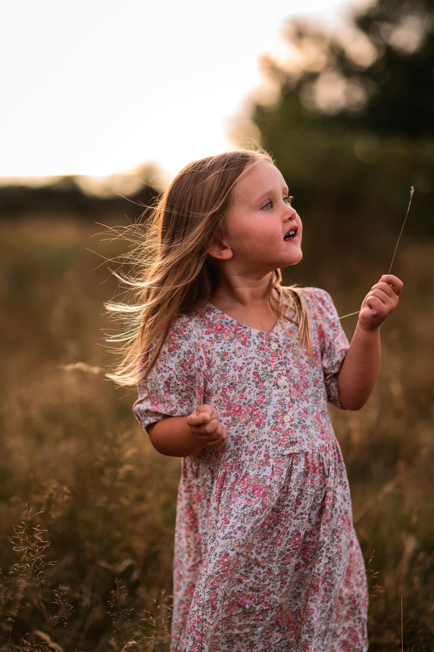 Young child in floral dress with hair flowing in the wind at sunset.