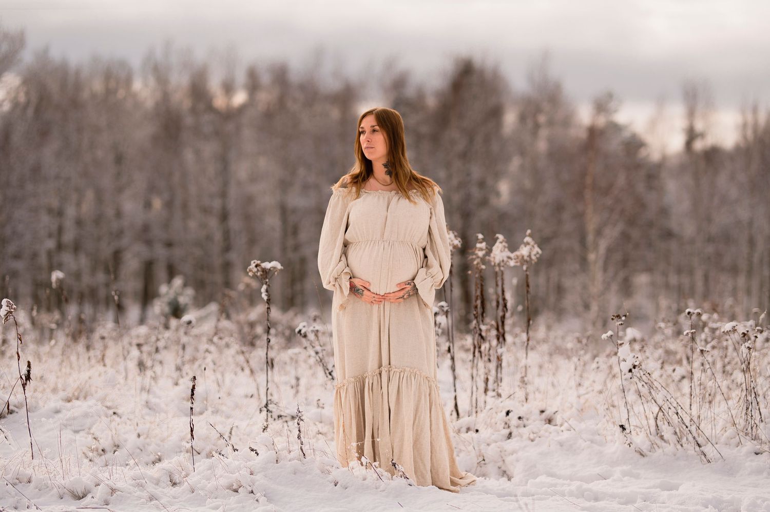 A serene winter maternity portrait in a field of snow-covered wildflowers at dusk.