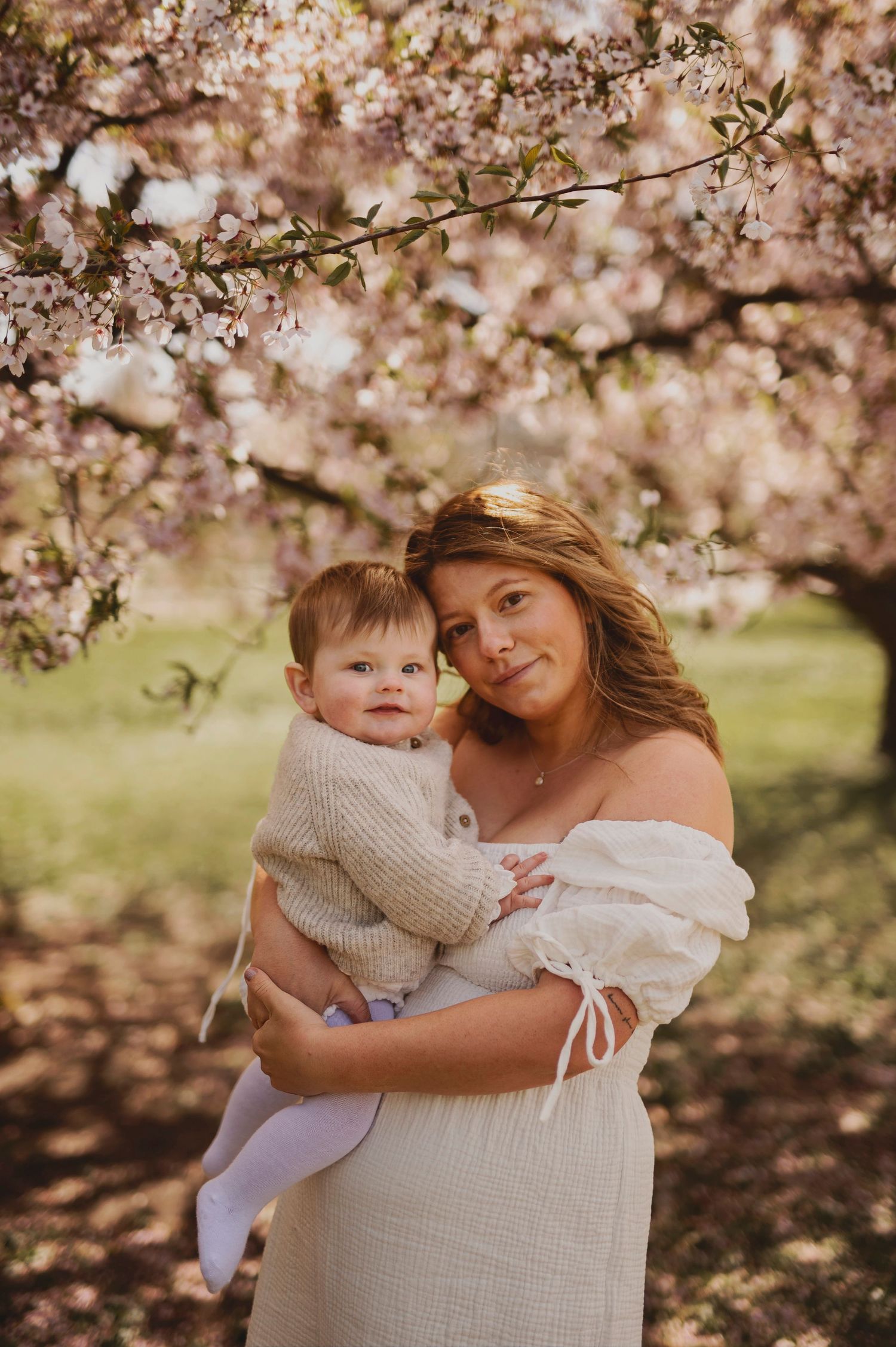 Tender family portrait captured under cherry blossom trees with soft natural lighting.