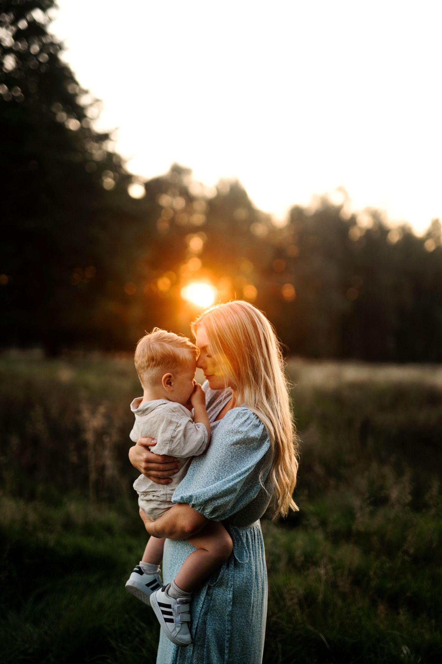 A tender embrace is shared in a field at sunset, backlit by golden light.