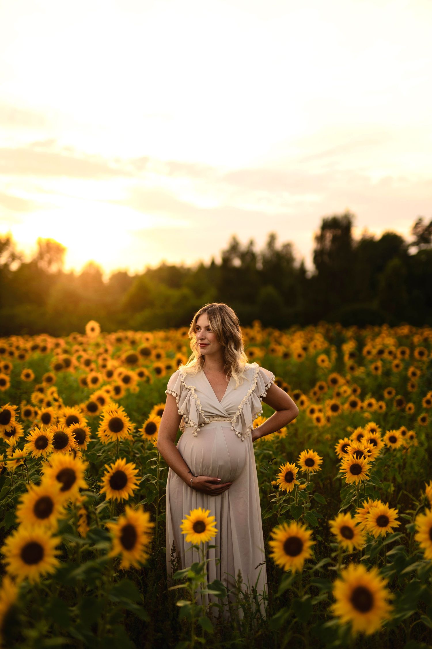 Silhouetted pregnancy portrait surrounded by sunflowers during golden hour.
