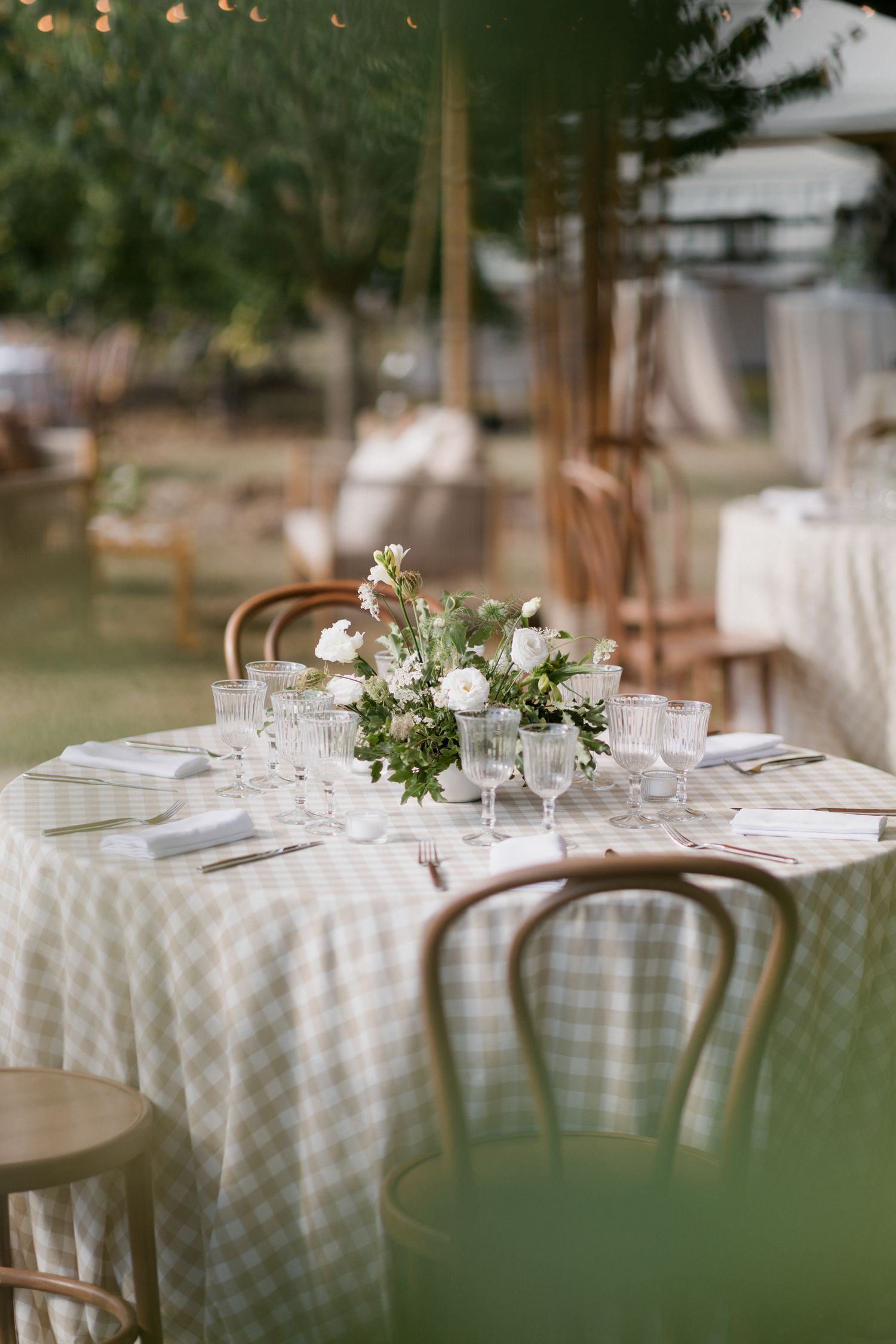 Elegant outdoor wedding table setting with checkered tablecloth, bentwood chairs and delicate white floral centerpiece.