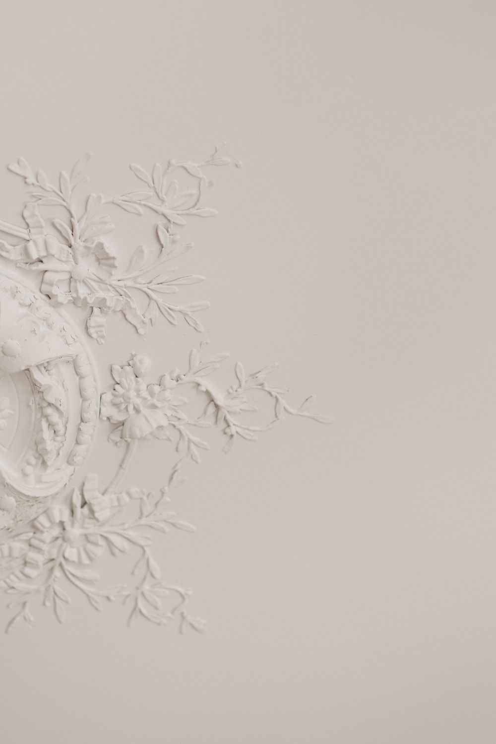Delicate white floral patterns embossed on a pale off-white background create an elegant textural design element.