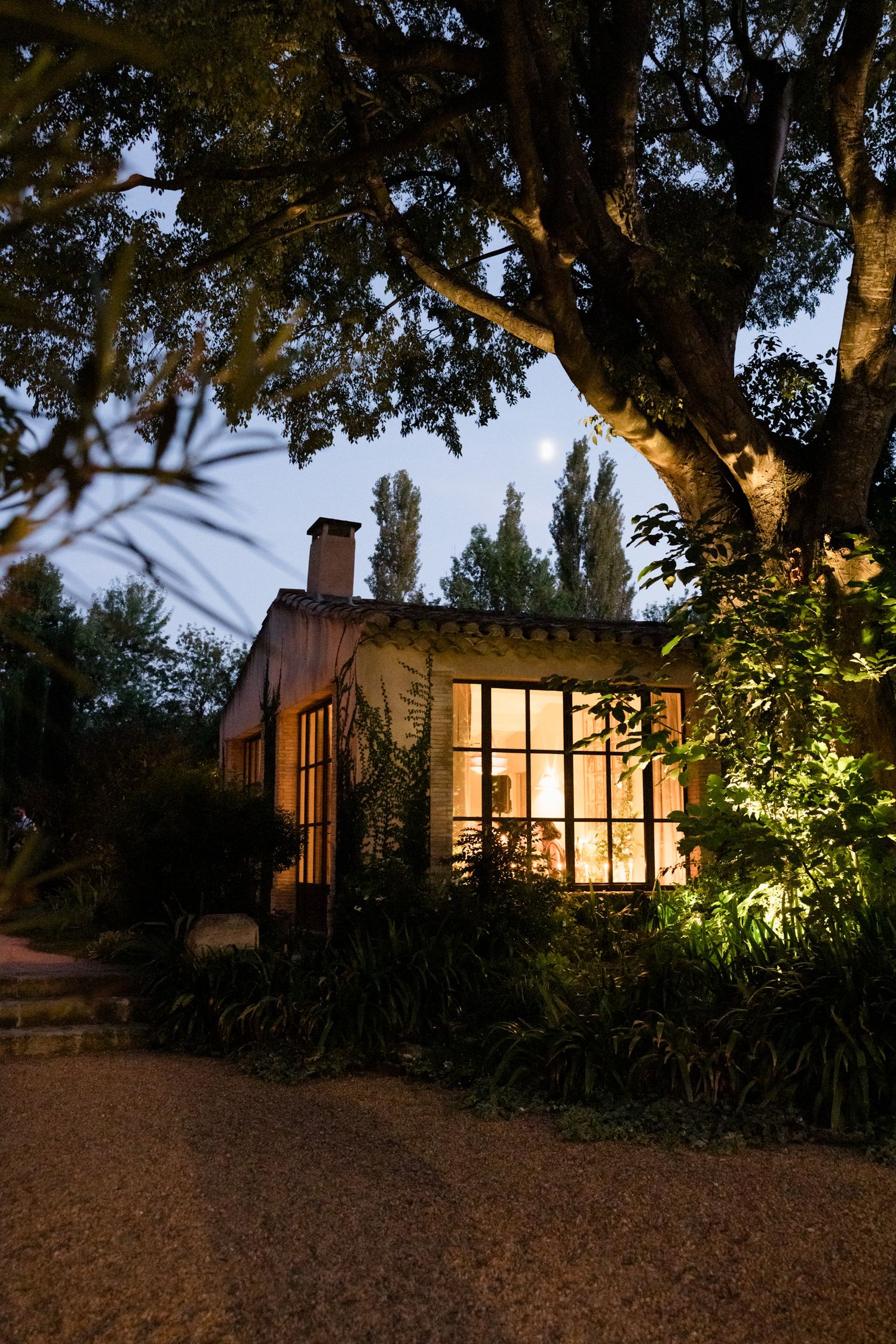 Modern house with illuminated windows glows warmly at dusk among trees and landscaping.