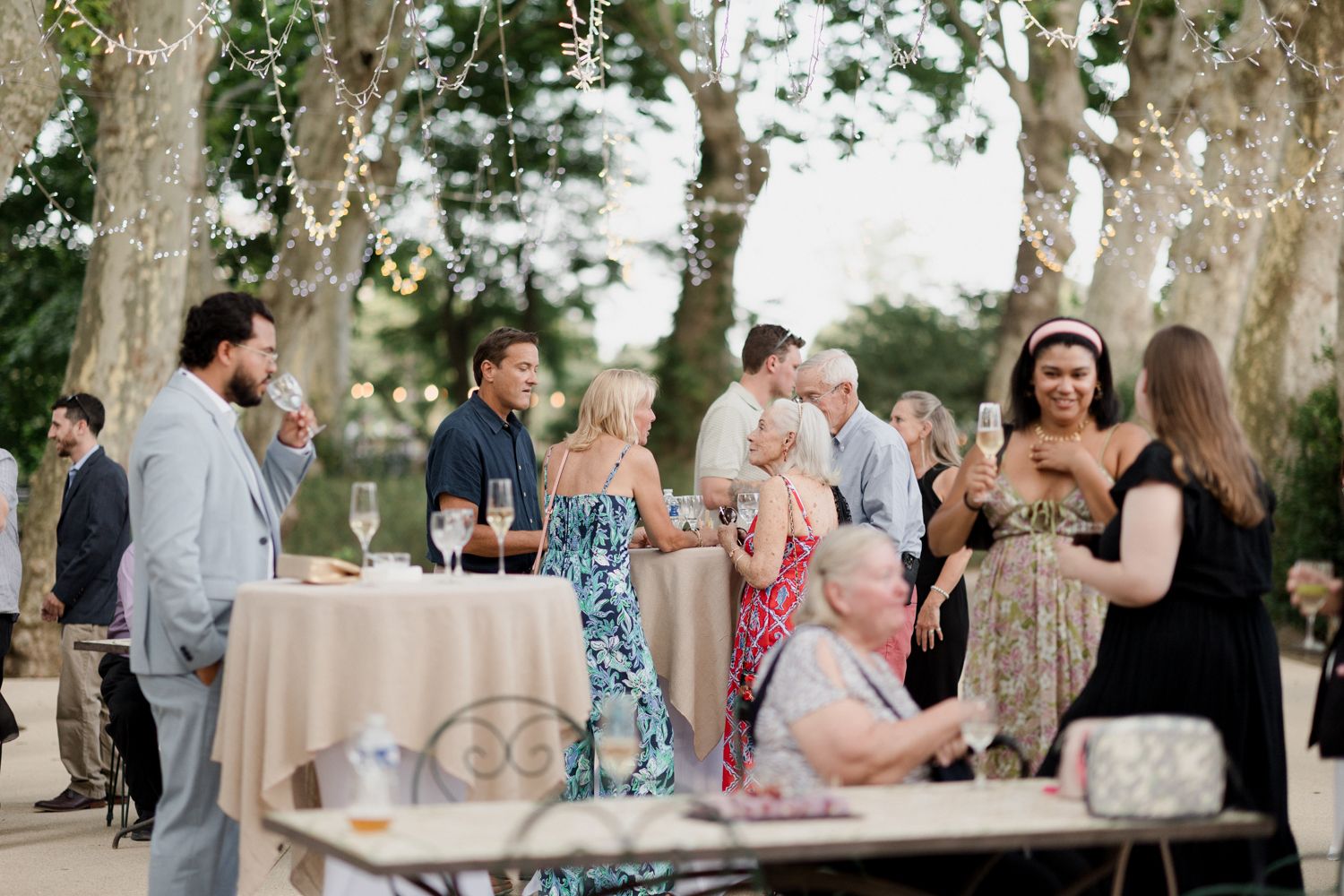 Outdoor party guests mingle and socialize around elegant tables during a summer evening celebration.