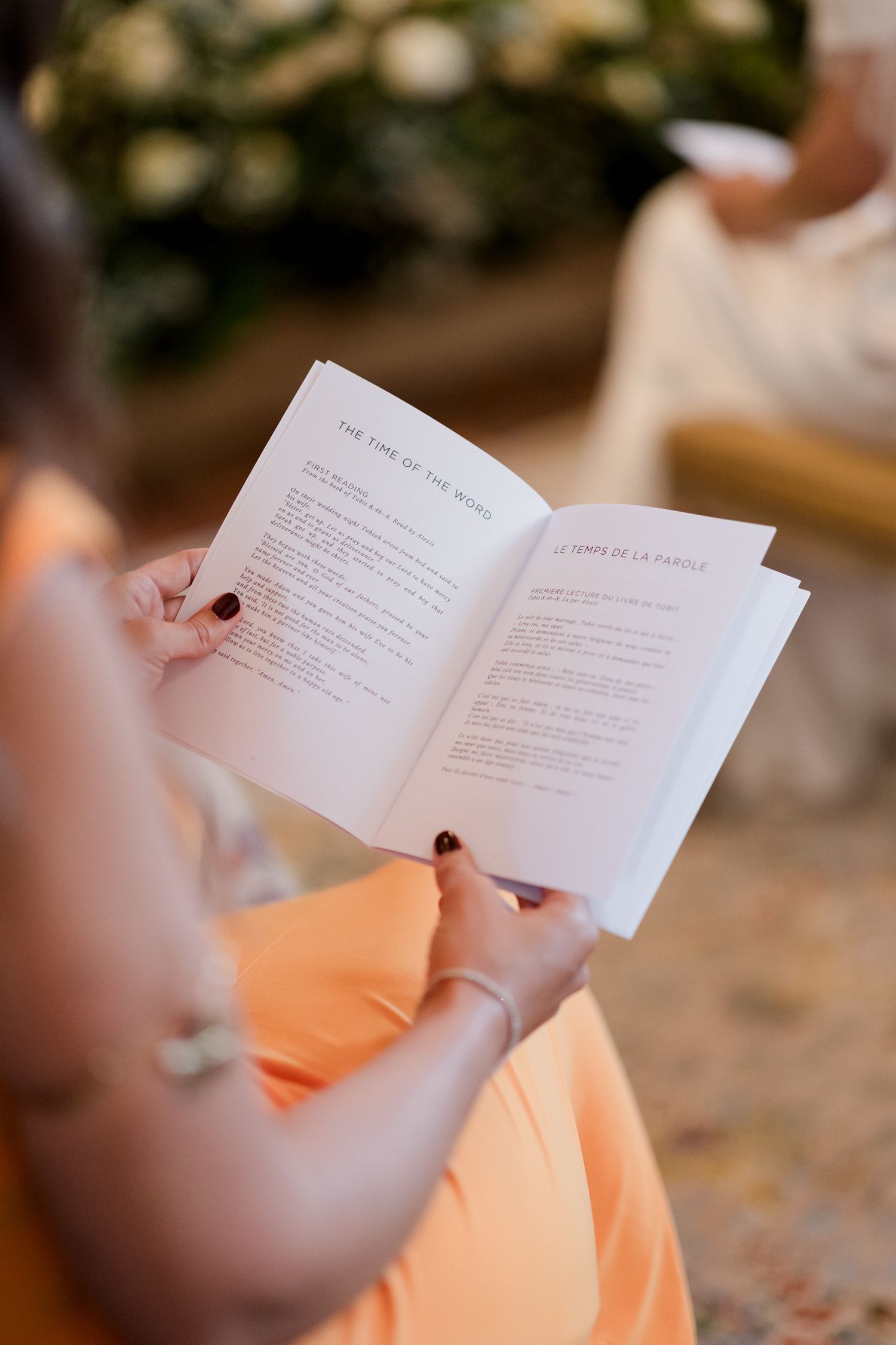 A series of photos showing hands holding and reading from an open book with blurred background decor.