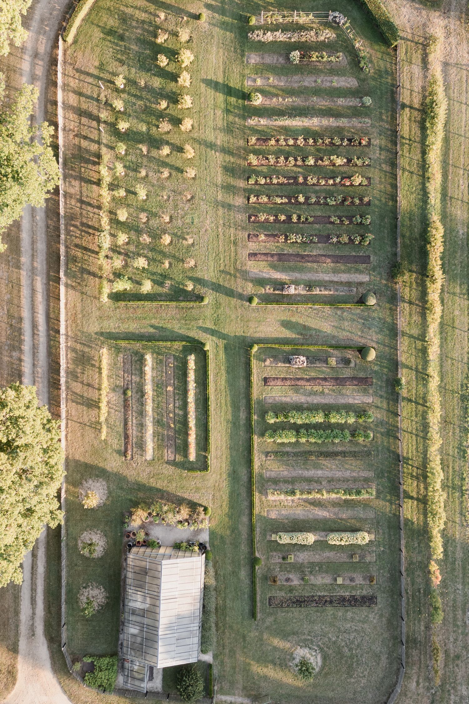 Aerial view of a cemetery with rows of headstones and pathways surrounded by green grass and trees. Photographe mariage Tours