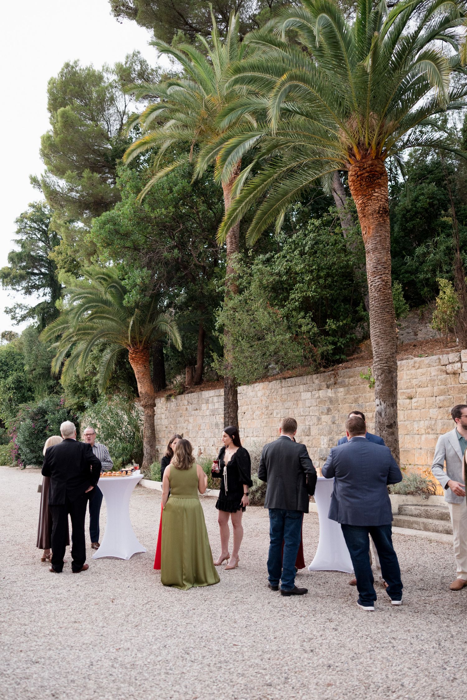 A group of people gathered outdoors near palm trees and a stone wall for a formal event.