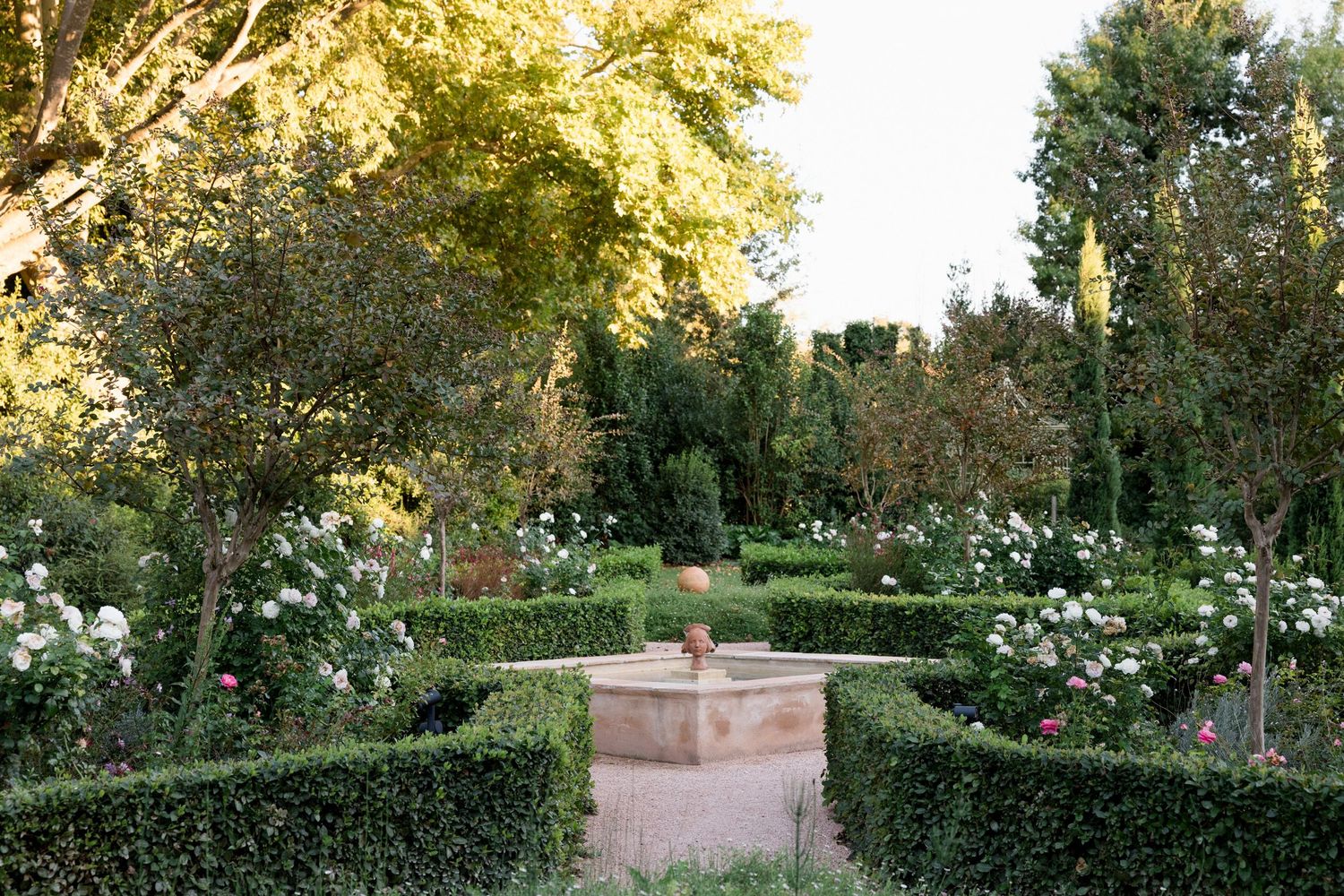 A scenic garden pathway with tall hedges and trees illuminated by warm golden sunlight during sunset.