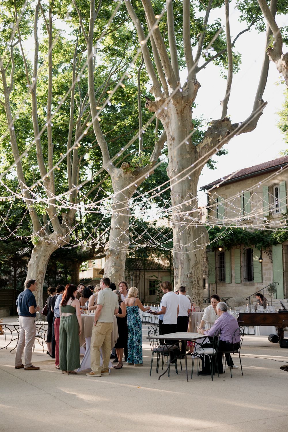 Outdoor event venue with tall sycamore trees providing shade over tables where people are gathered for a special occasion.