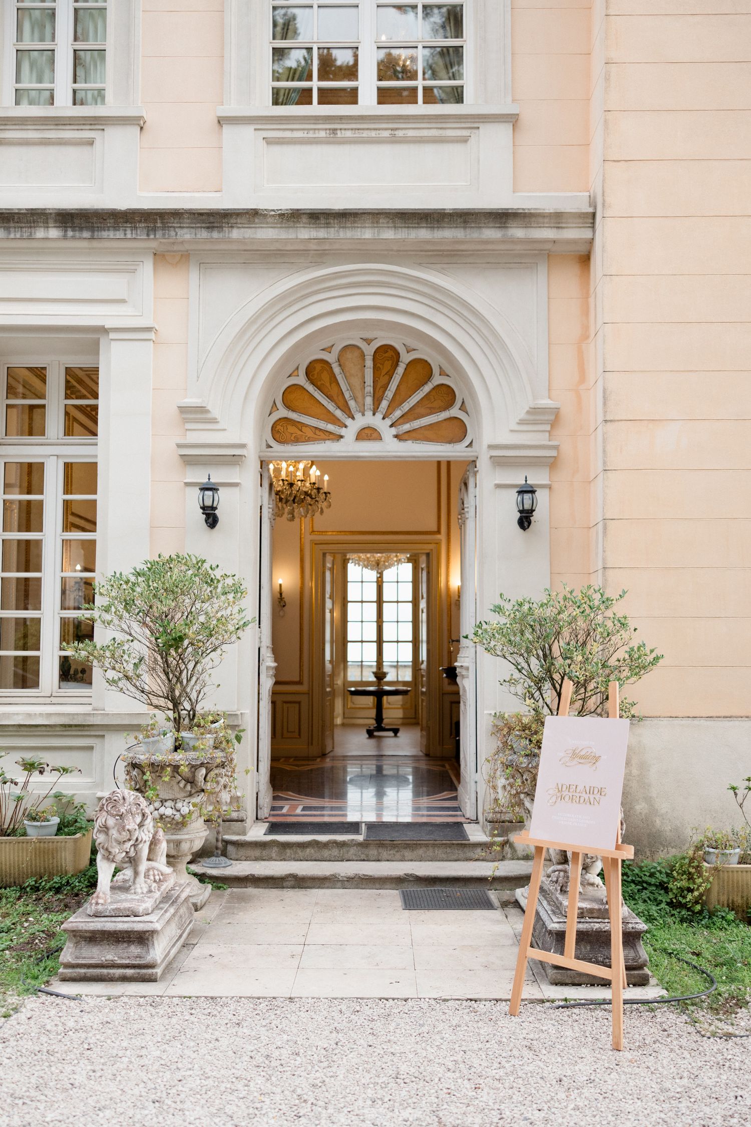 A series of elegant entrance photos showing a grand doorway with white pillars and decorative details at a stately venue.