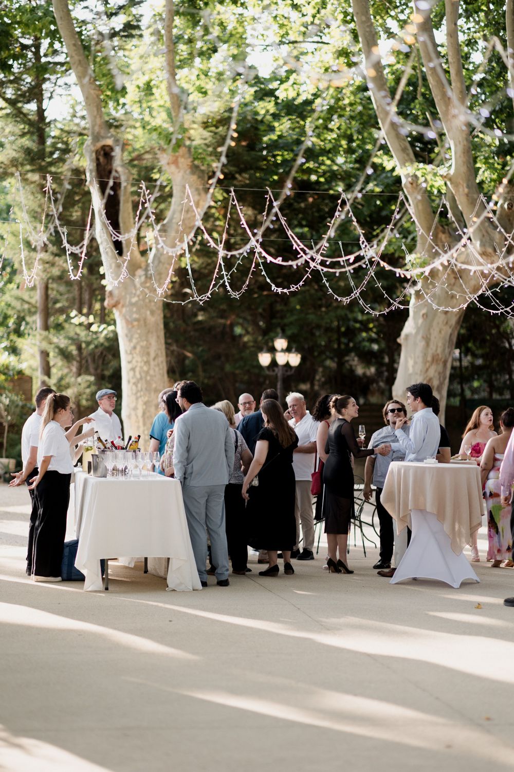 String lights illuminate an outdoor wedding reception area with guests mingling under tall trees.