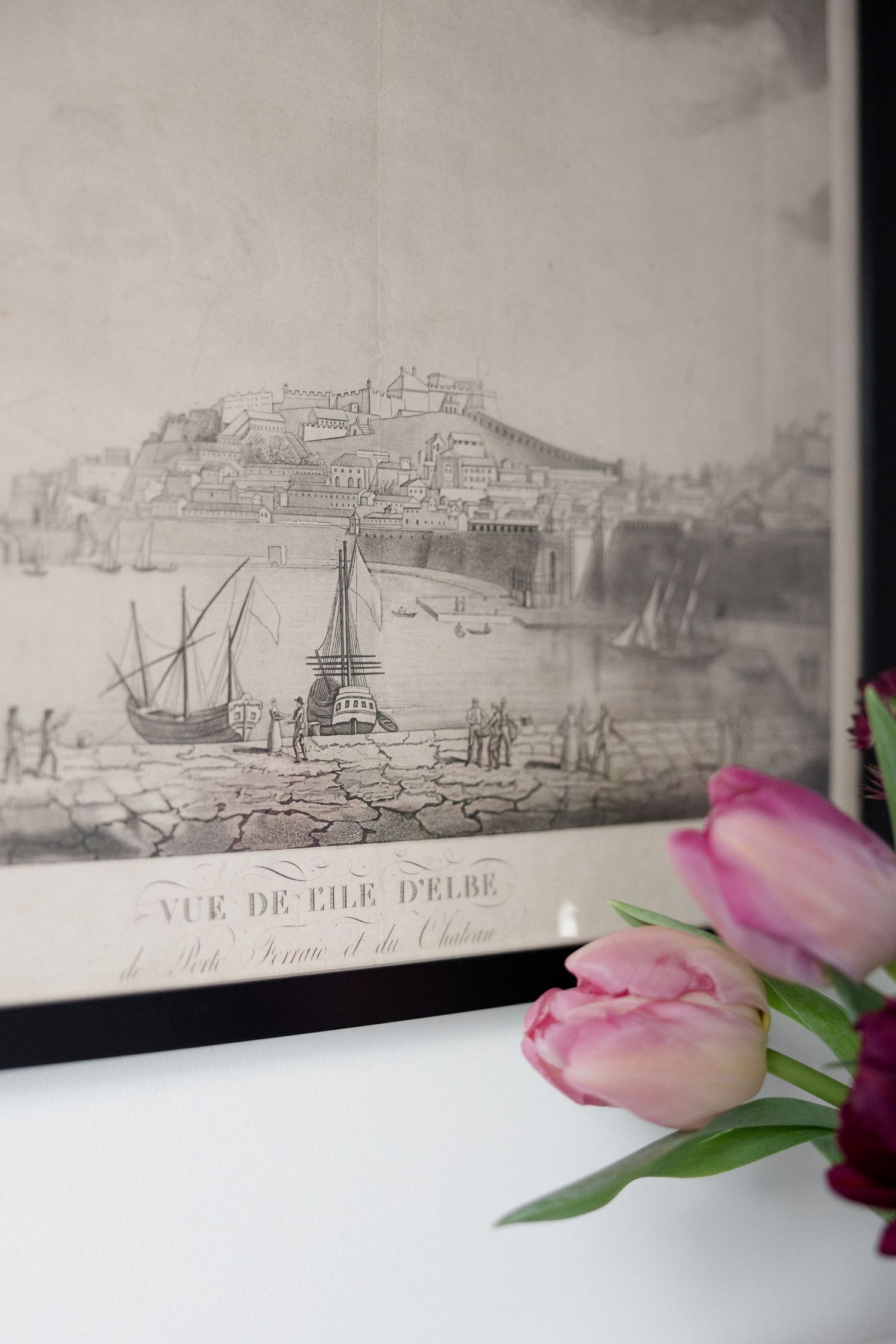 Framed antique engraving of Vue de l'Ile d'Elbe with pink tulips in the foreground on a white surface.