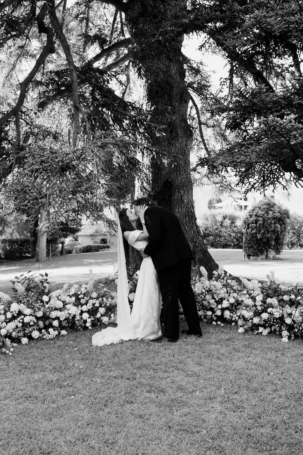 A black and white romantic wedding photo sequence showing a couple standing beneath a majestic tree with floral decor.