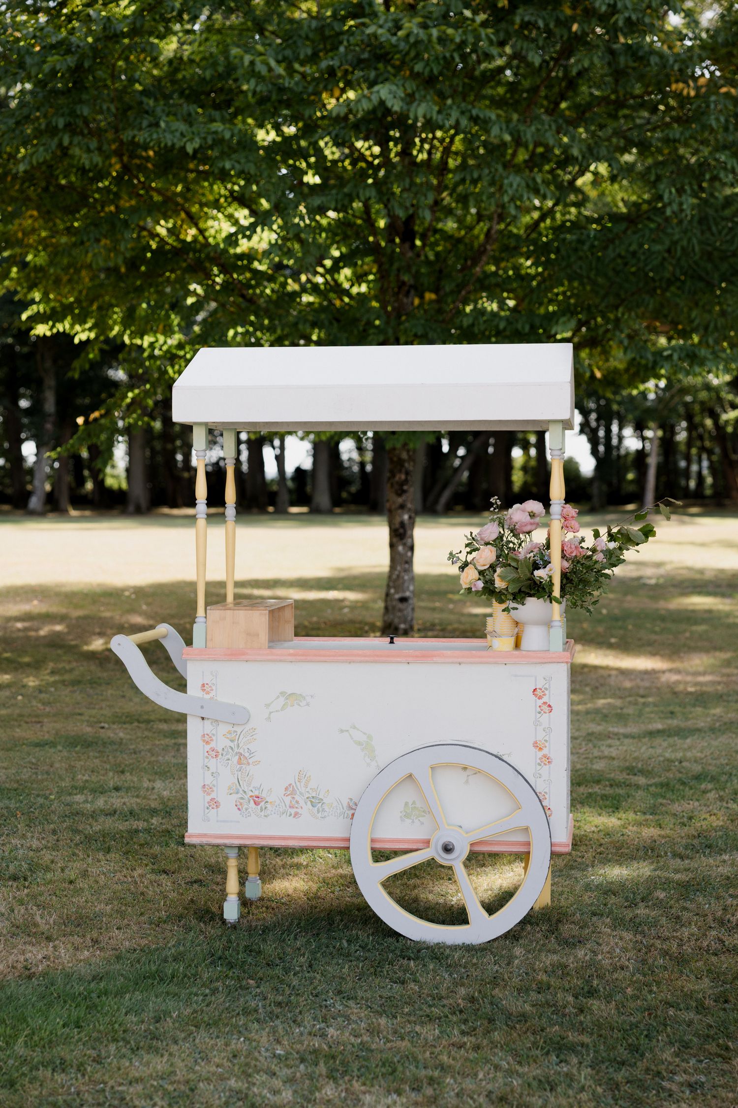 A vintage-style white food cart with canopy sits on a grassy lawn with trees in the background. Paris wedding photographer
