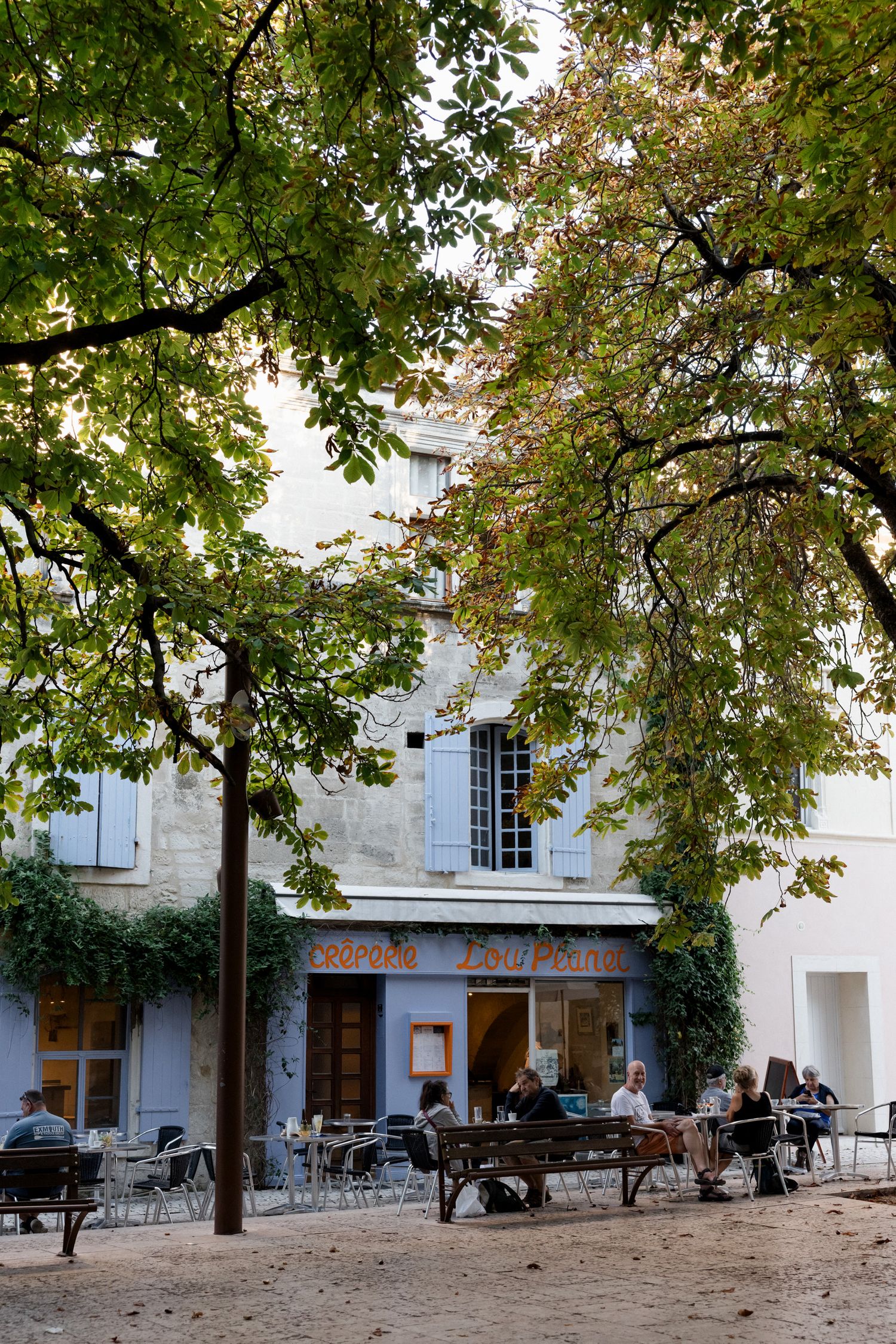 Tranquil courtyard with trees and benches outside historic building with people relaxing in shaded outdoor seating area.